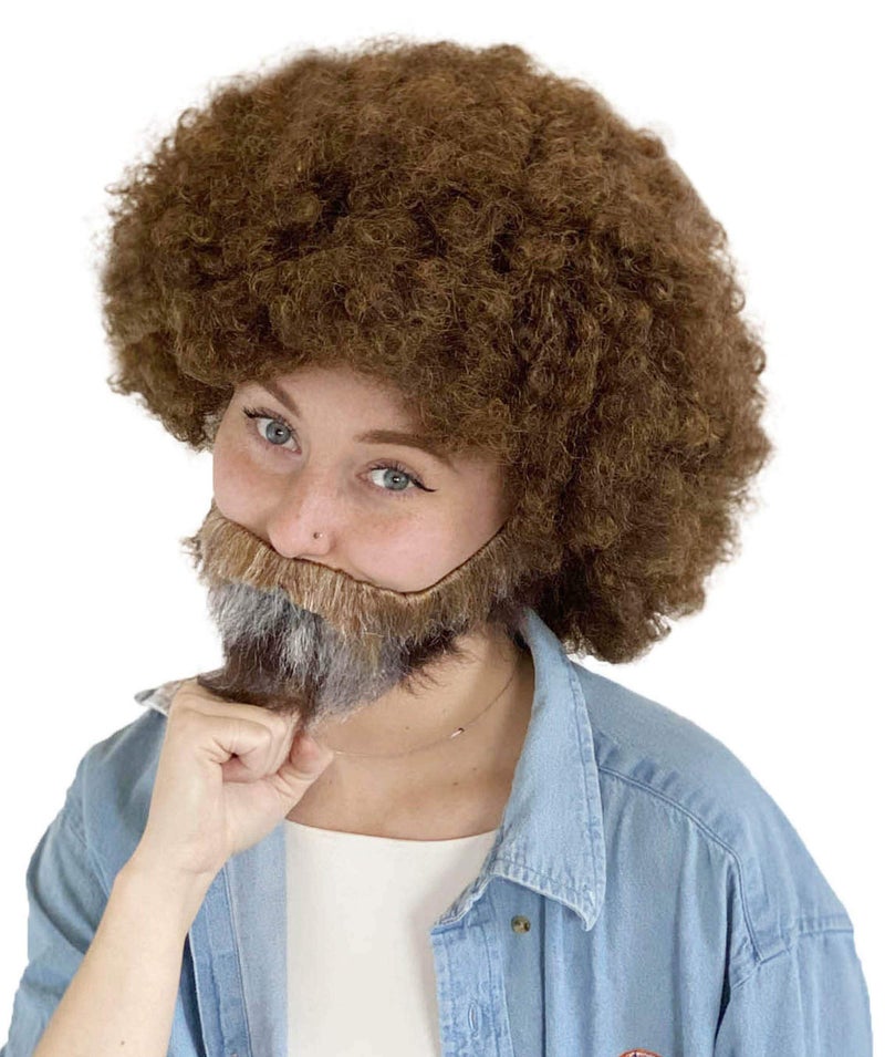 HPO Adult Unisex 80's Painter Brown Afro Wig and Brown and Patches of Gray Beard Set | Easy and Classic Celebrity Costume | Premium Halloween & Cosplay Wig (Adult) - Image 1